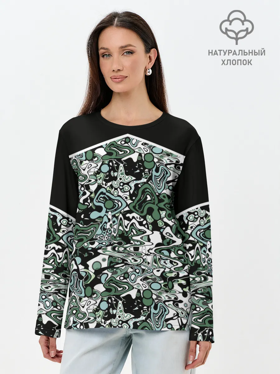 Лонгслив женский. Хлопок / Черно-зеленые каракули