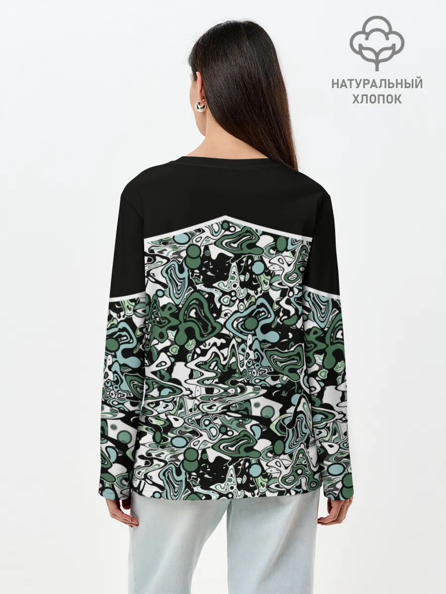 Лонгслив женский. Хлопок / Черно-зеленые каракули