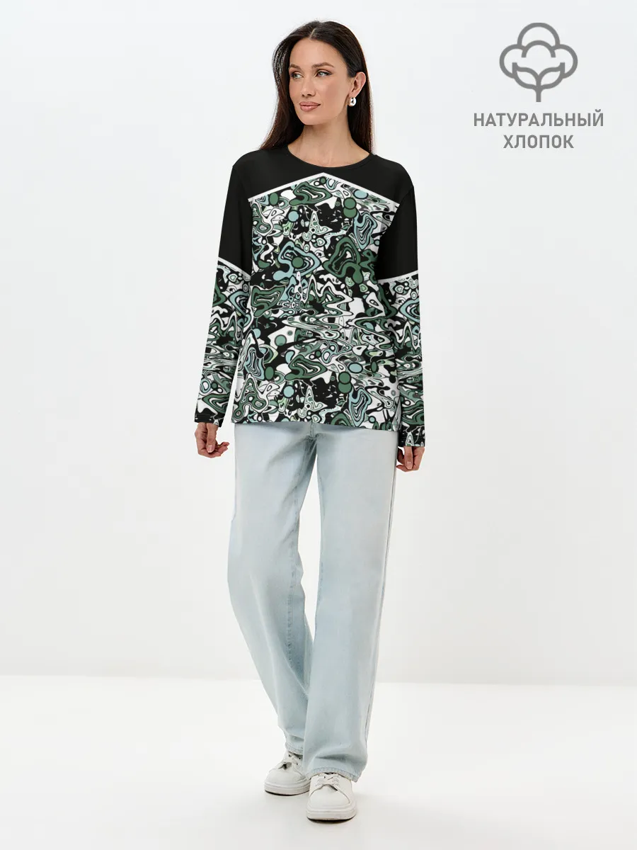 Лонгслив женский. Хлопок / Черно-зеленые каракули