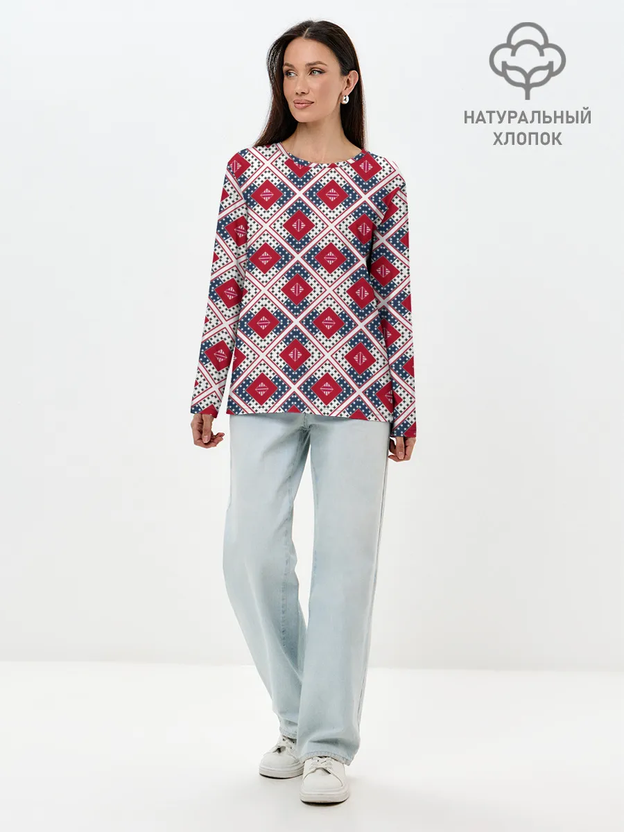 Лонгслив женский. Хлопок / Красно-синий плед -клетка