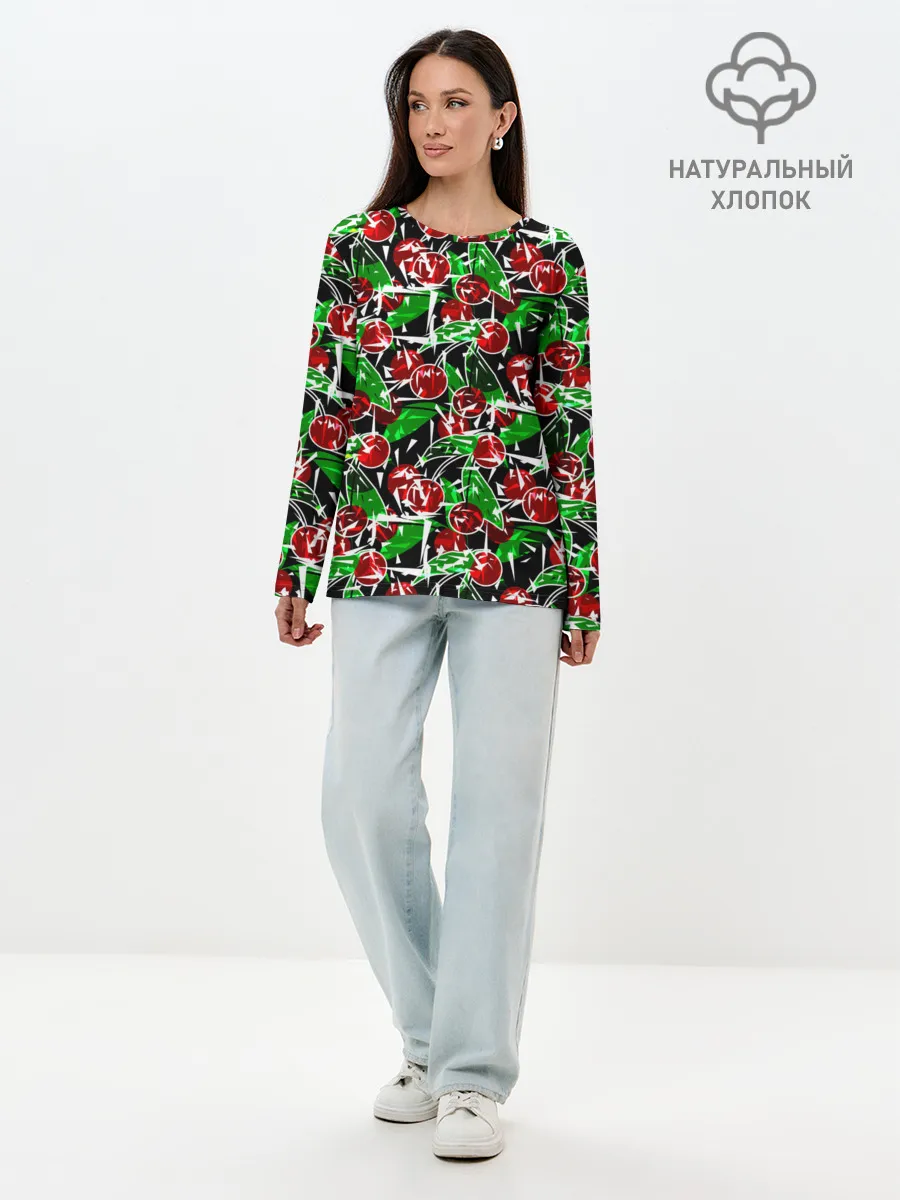 Лонгслив женский. Хлопок / Абстрактный узор спелая вишня