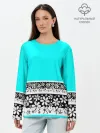 Лонгслив женский. Хлопок / Цветочный бирюзовый узор