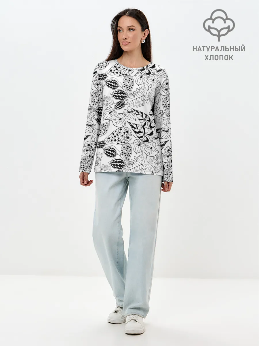 Лонгслив женский. Хлопок / Черно-белый узор Тропики