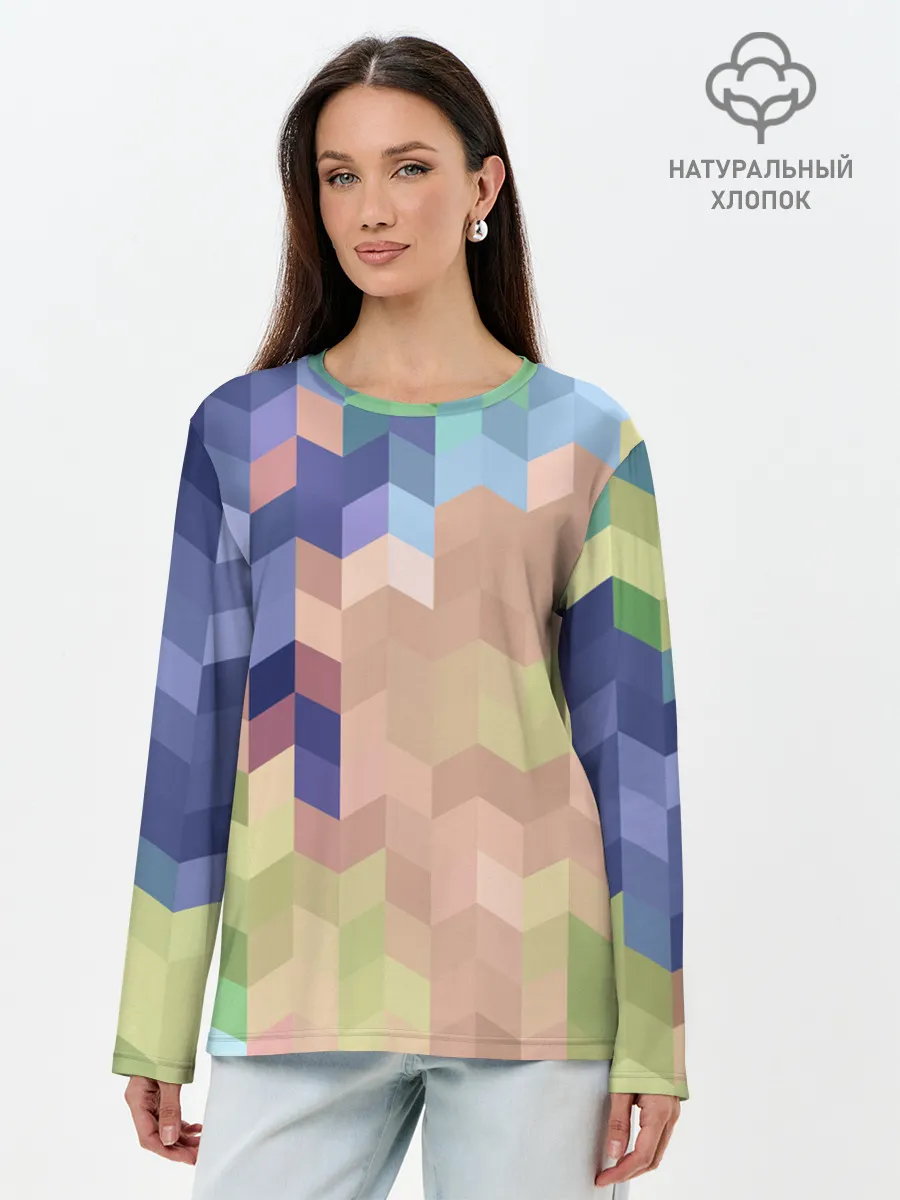 Лонгслив женский. Хлопок / Абстрактный бежево-синий узор