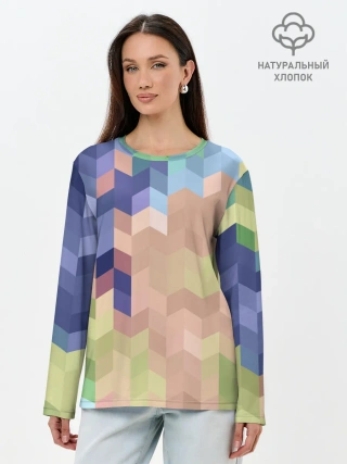Лонгслив женский. Хлопок / Абстрактный бежево-синий узор