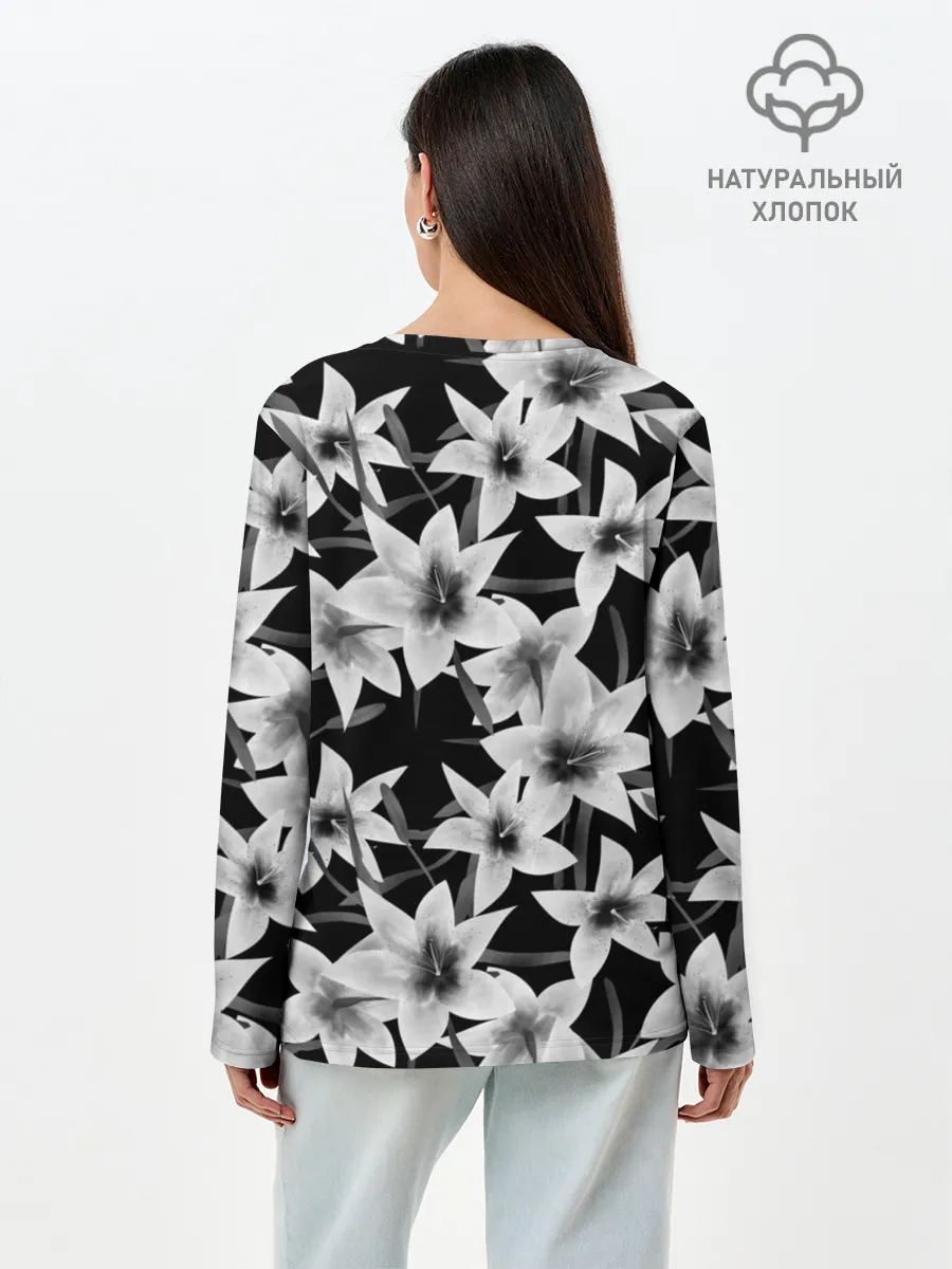 Лонгслив женский. Хлопок / Лилии черно-белые