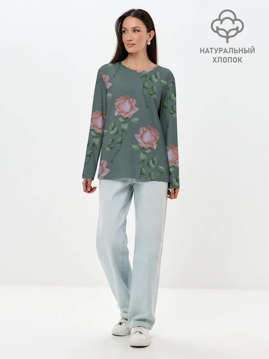 Лонгслив женский. Хлопок / Красные розы на зеленом фоне