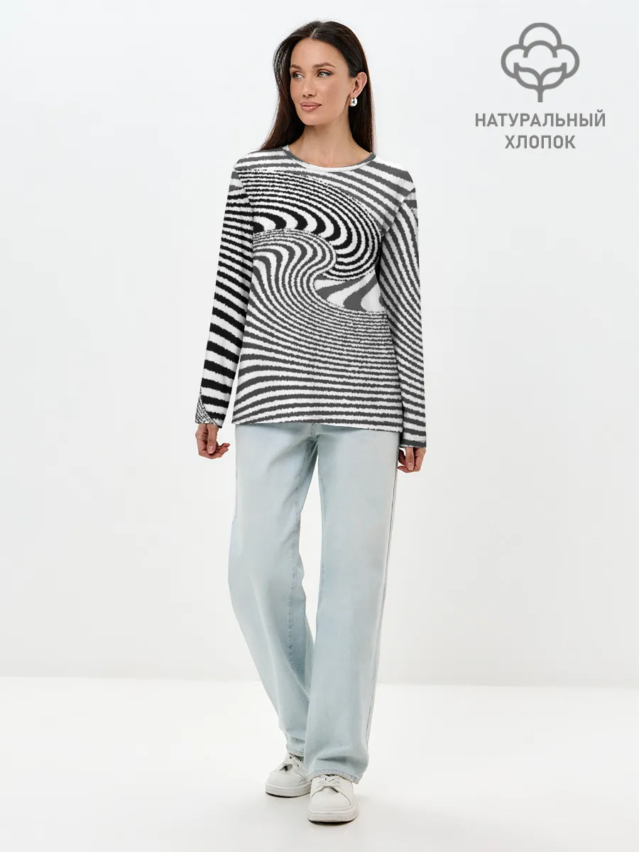 Лонгслив женский. Хлопок / Черно белый мозаичный узор