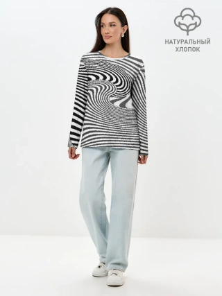 Лонгслив женский. Хлопок / Черно белый мозаичный узор