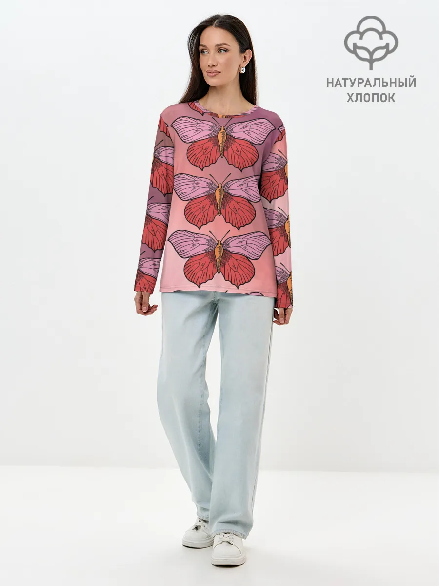 Лонгслив женский. Хлопок / Розовый принт с бабочками
