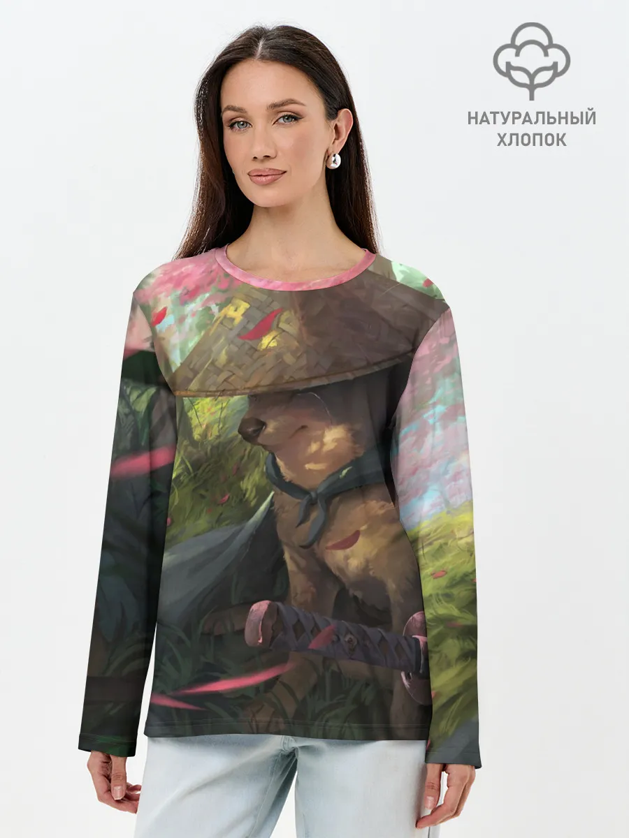 Лонгслив женский. Хлопок / Собака Самурай плачет мем