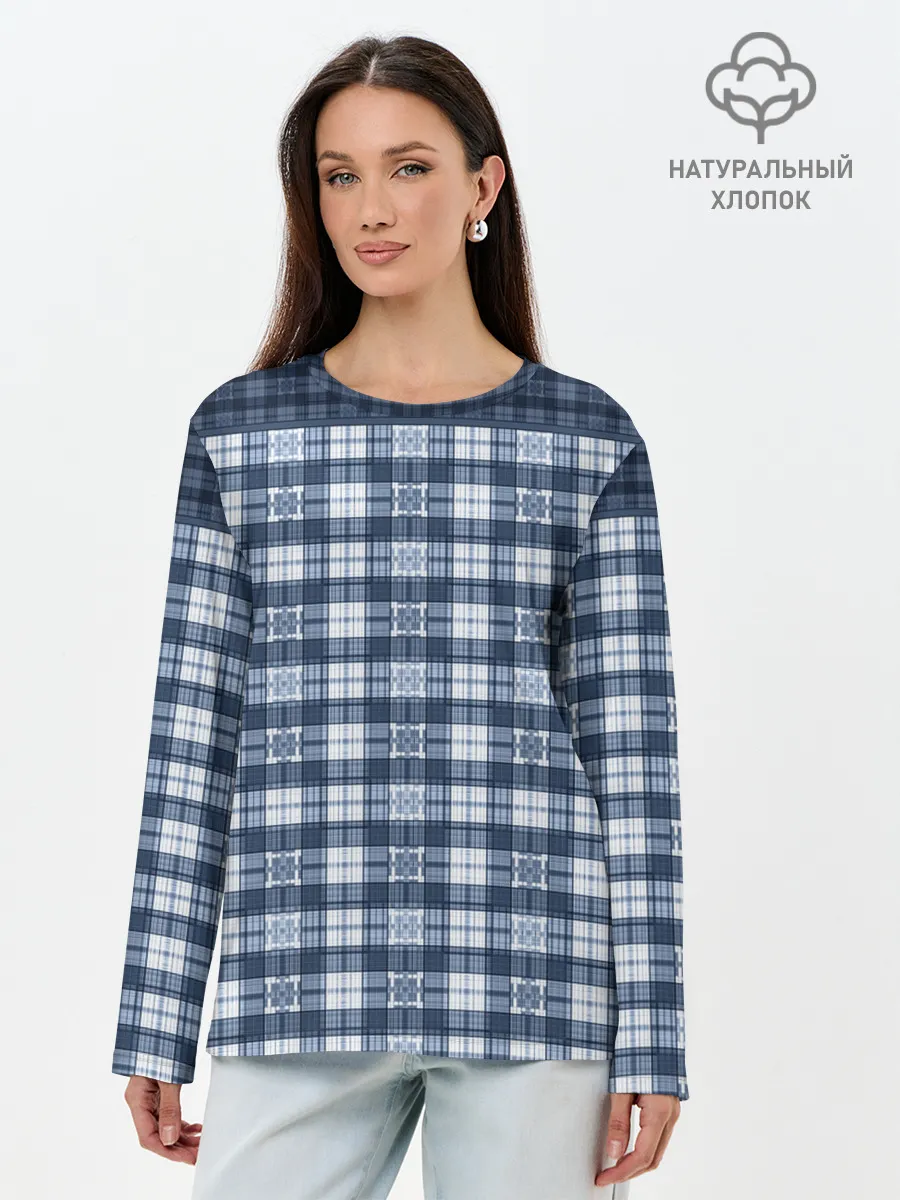 Лонгслив женский. Хлопок / Синий узор в клетку
