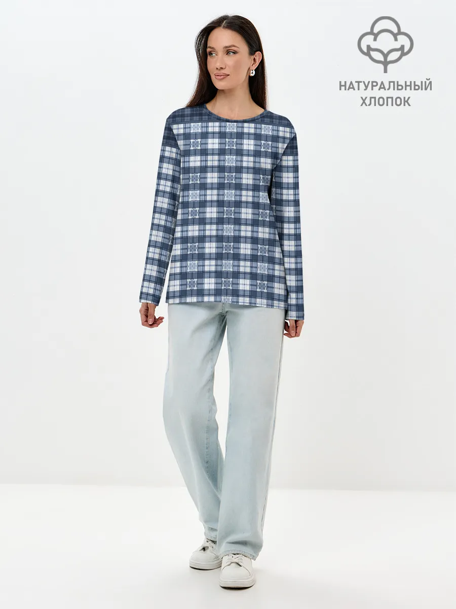 Лонгслив женский. Хлопок / Синий узор в клетку