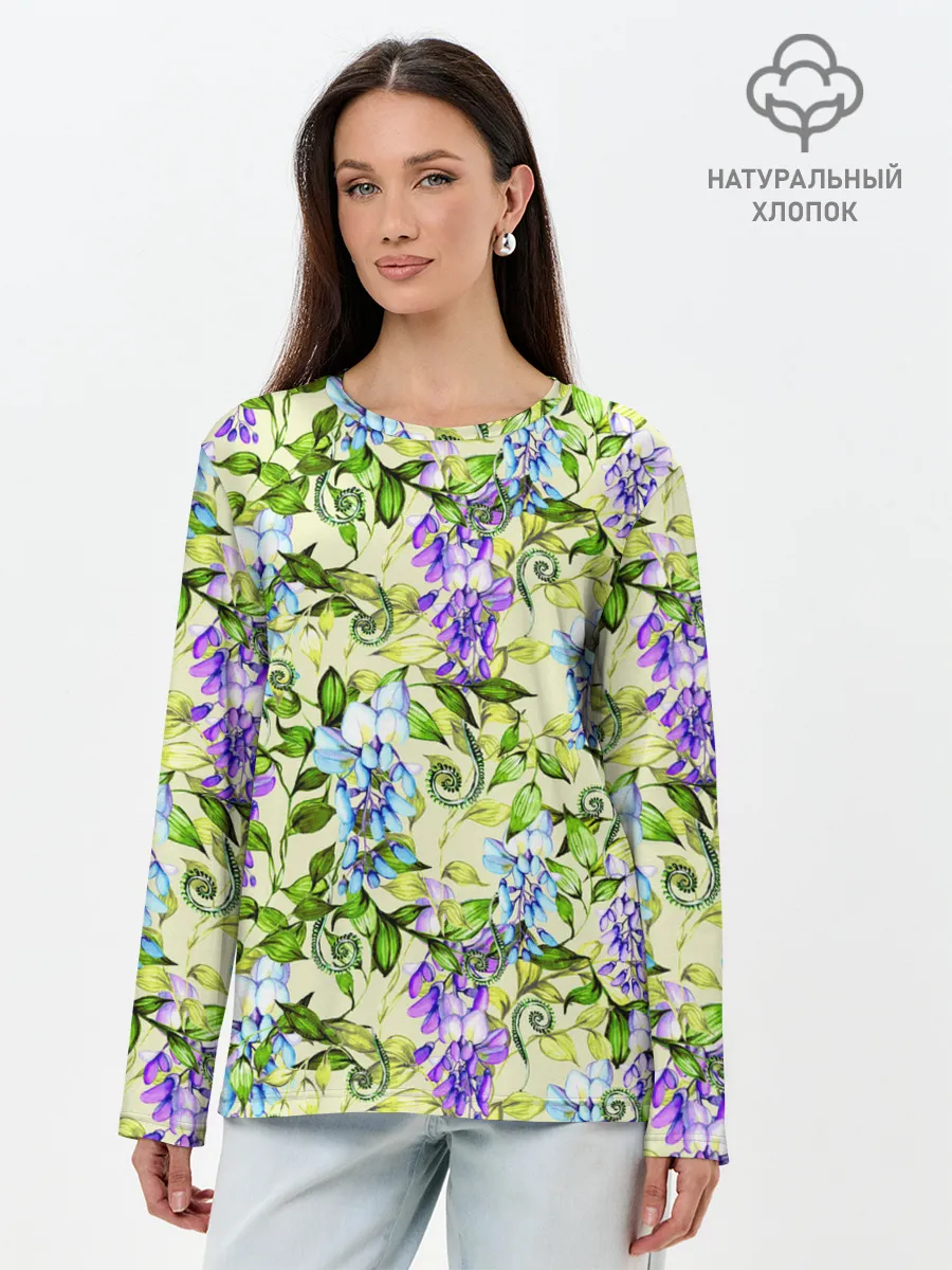 Лонгслив женский. Хлопок / Глициния на бежевом фоне