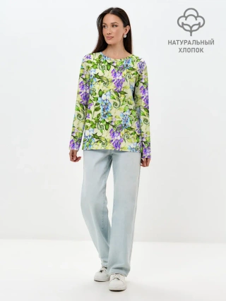 Лонгслив женский. Хлопок / Глициния на бежевом фоне