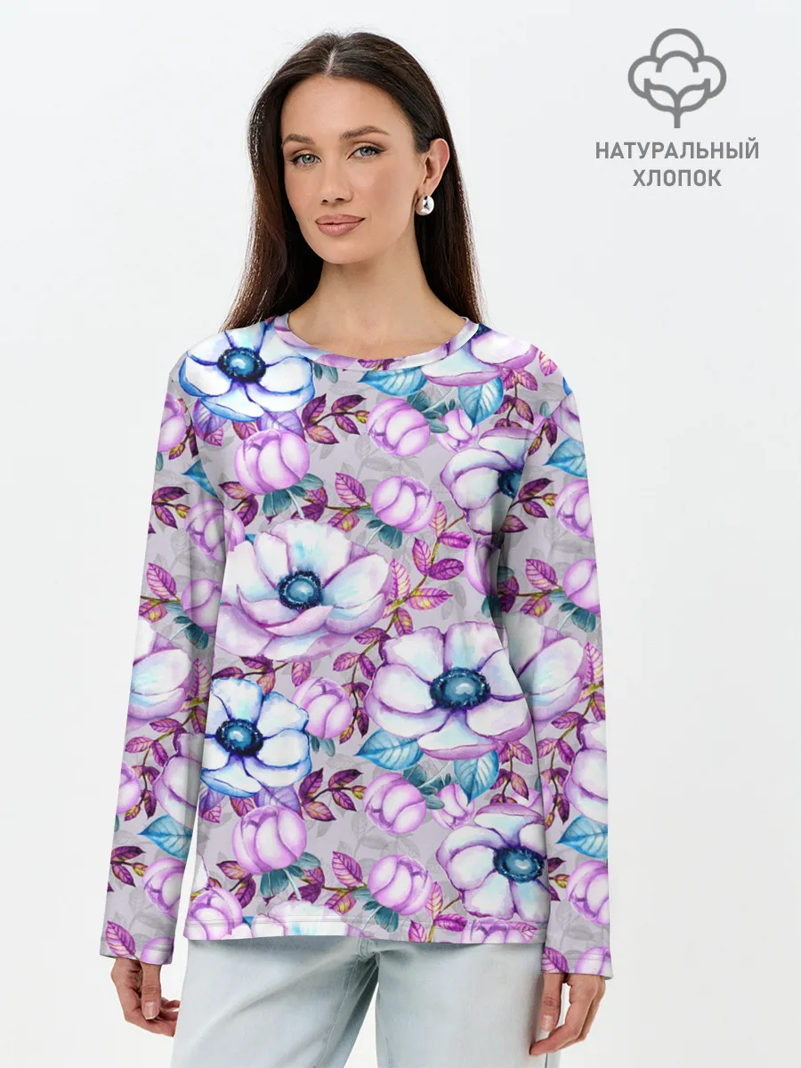 Лонгслив женский. Хлопок / Анемоны - цветочный ковер