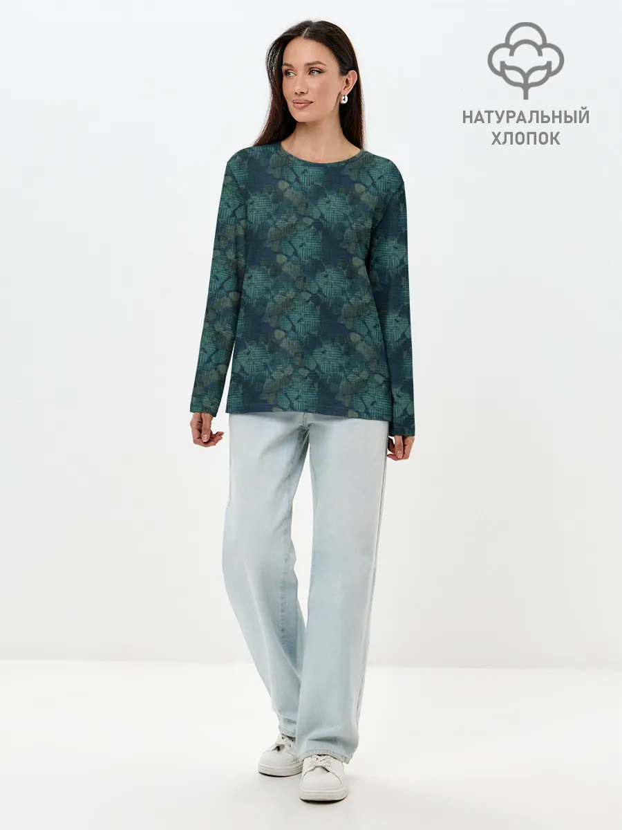 Лонгслив женский. Хлопок / Синий абстрактный узор