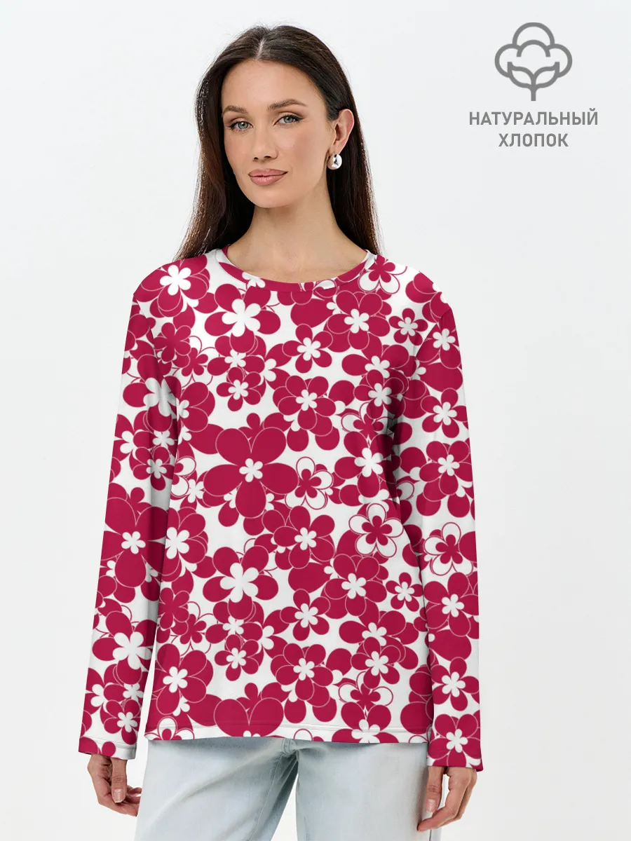 Лонгслив женский. Хлопок / Бело-красный цветочный