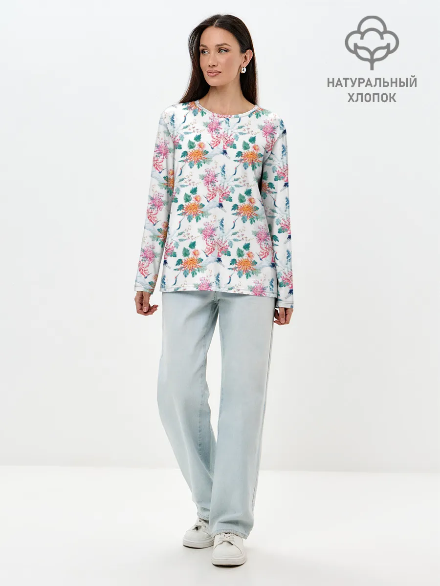 Лонгслив женский. Хлопок / Журавли и хризантемы