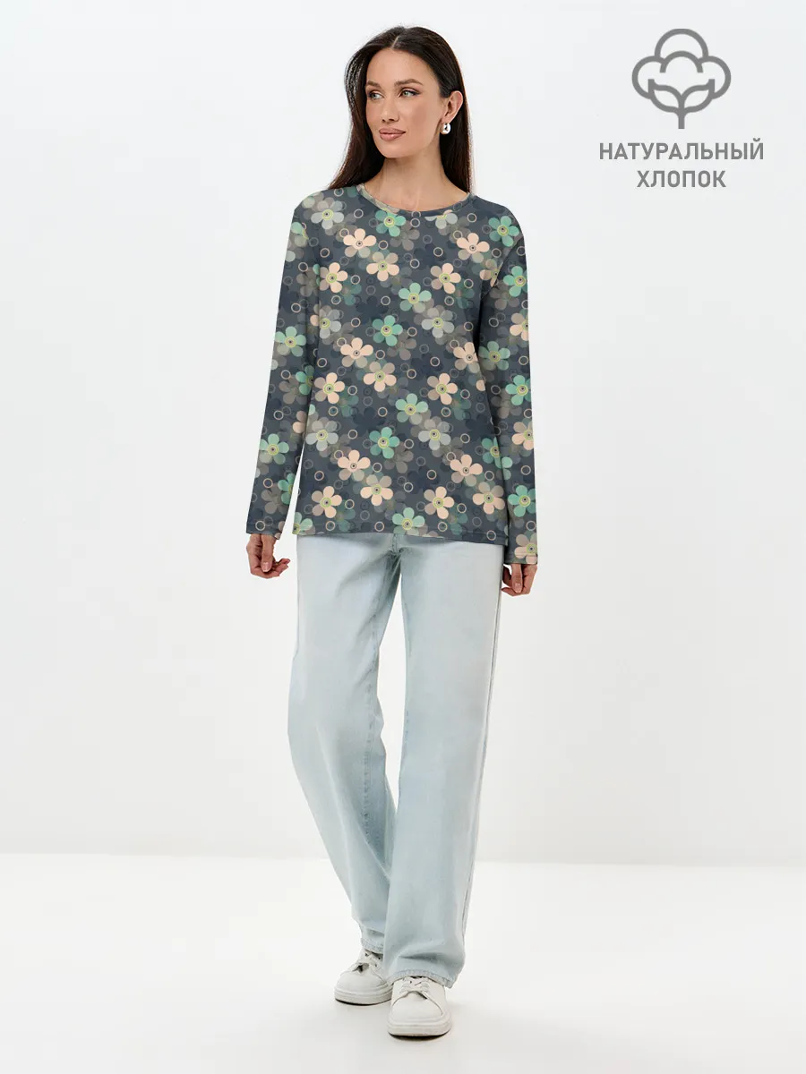 Лонгслив женский. Хлопок / Цветочный ретро узор