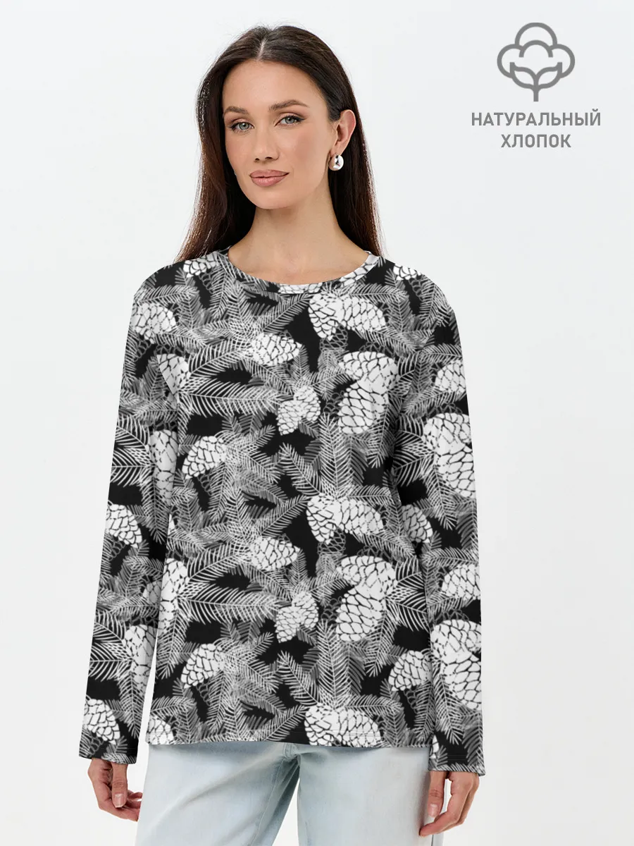 Лонгслив женский. Хлопок / Черно-белый узор шишки
