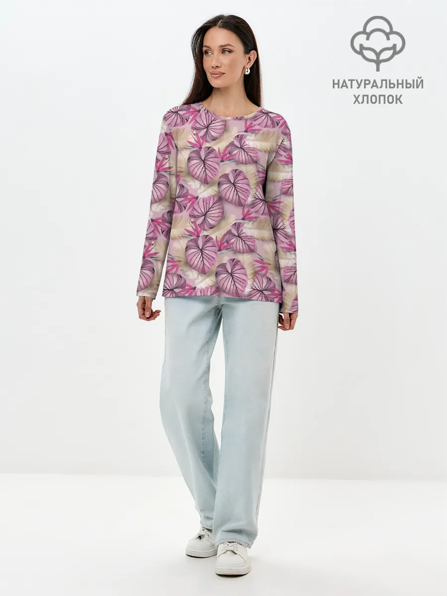 Лонгслив женский. Хлопок / Розовый тропический узор