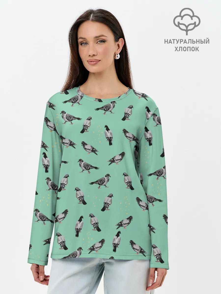 Лонгслив женский. Хлопок / Голуби на зеленом