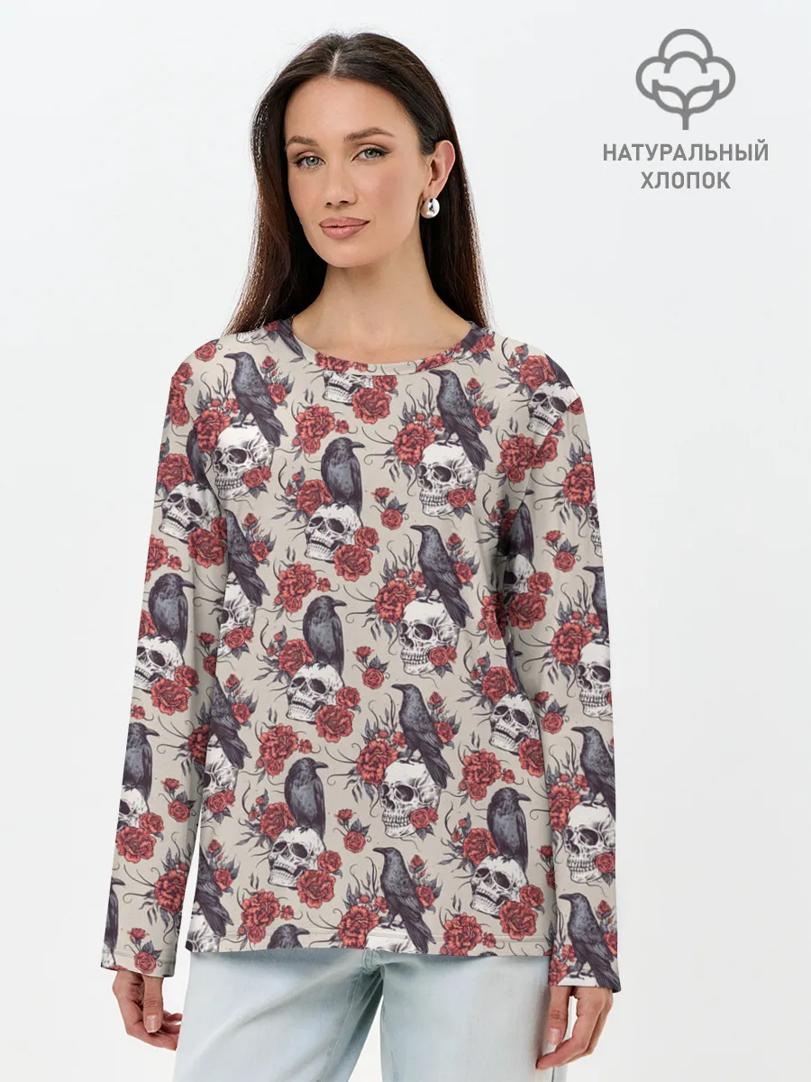 Лонгслив женский. Хлопок / Skull raven