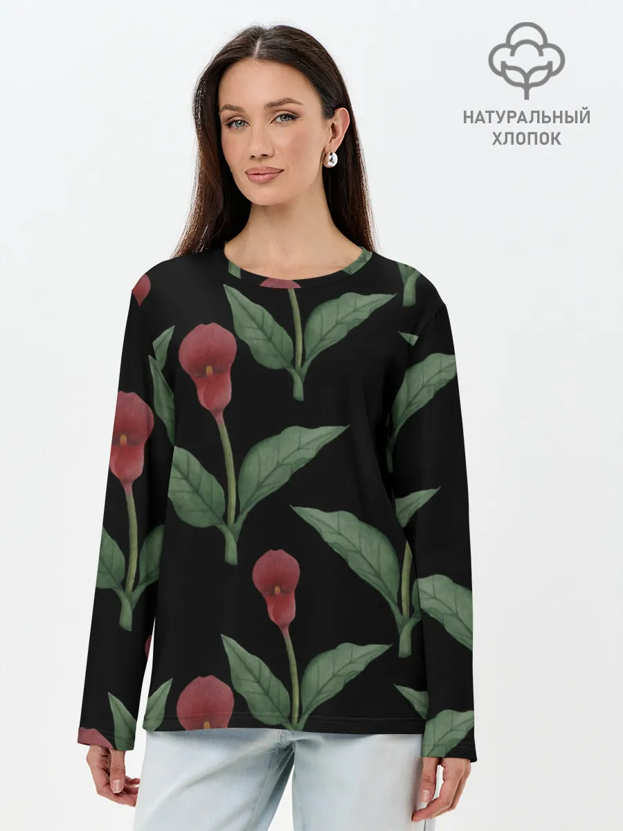 Лонгслив женский. Хлопок / Красные каллы на черном
