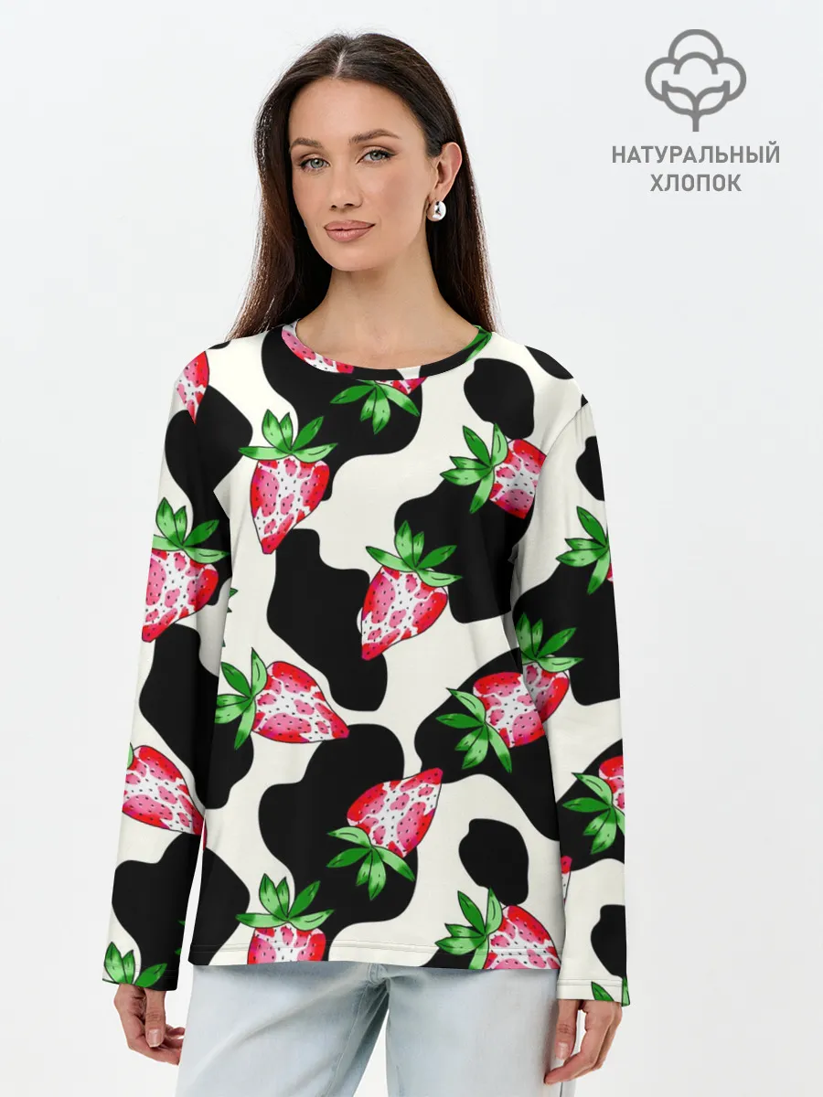 Лонгслив женский. Хлопок / Клубника на коровьей шкуре