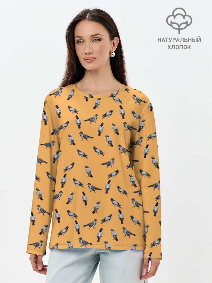 Лонгслив женский. Хлопок / Голуби паттерн на желтом