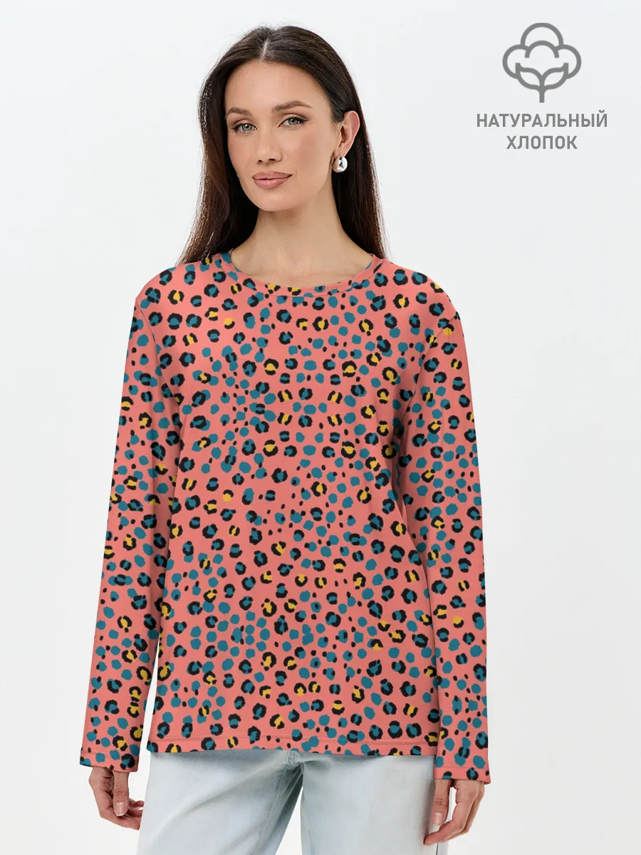 Лонгслив женский. Хлопок / Леопардовый принт на розовом