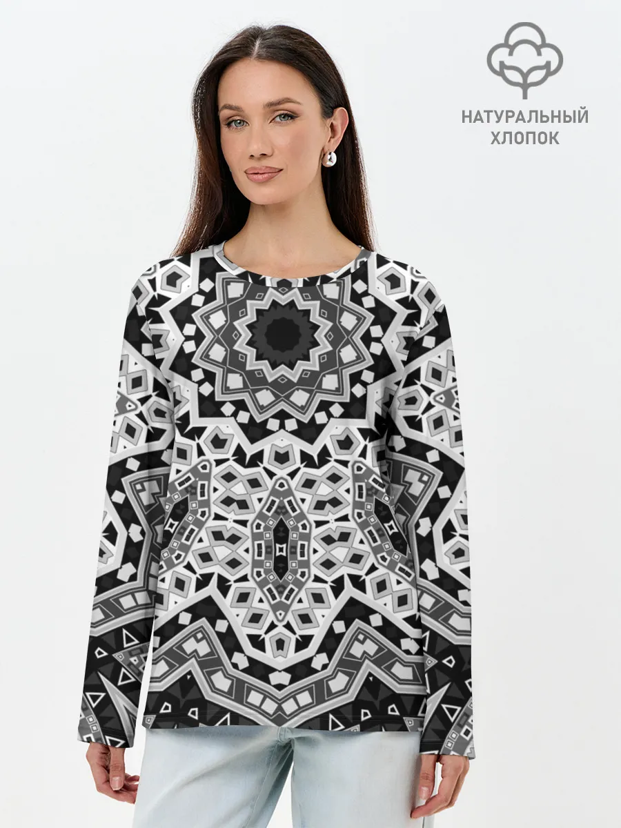 Лонгслив женский. Хлопок / Черно-белый орнамент