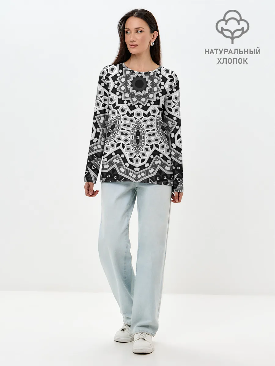 Лонгслив женский. Хлопок / Черно-белый орнамент