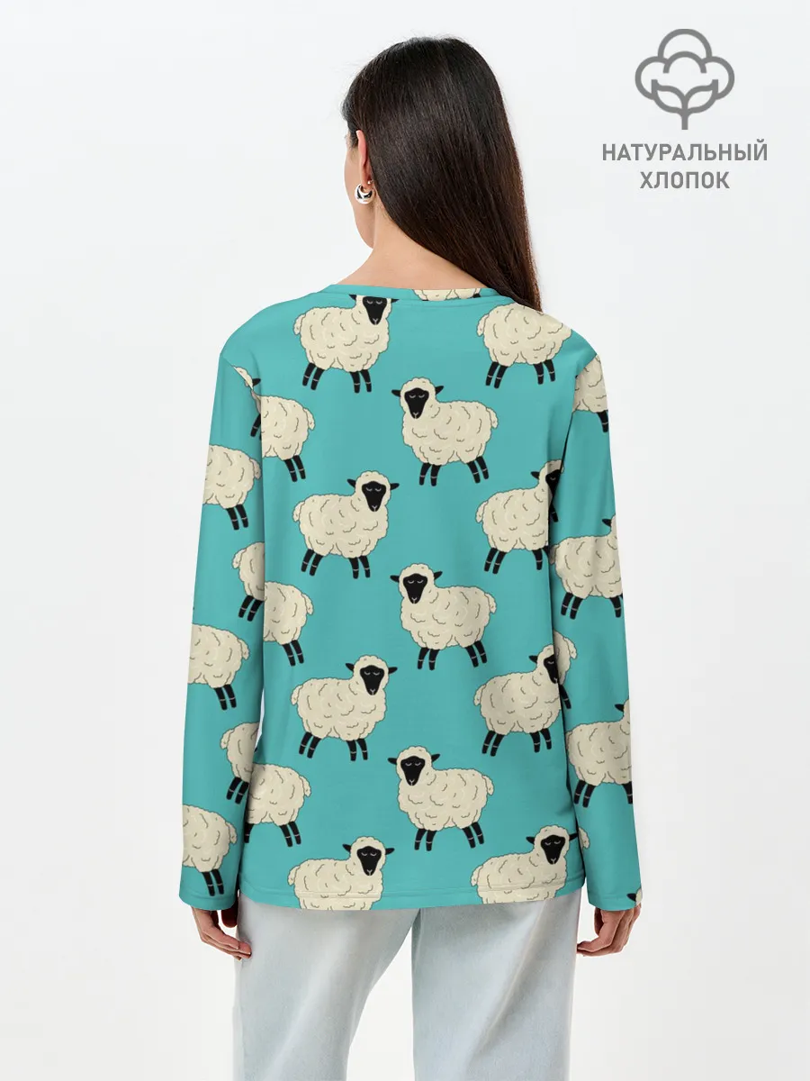 Лонгслив женский. Хлопок / Овечки паттерн на бирюзовом