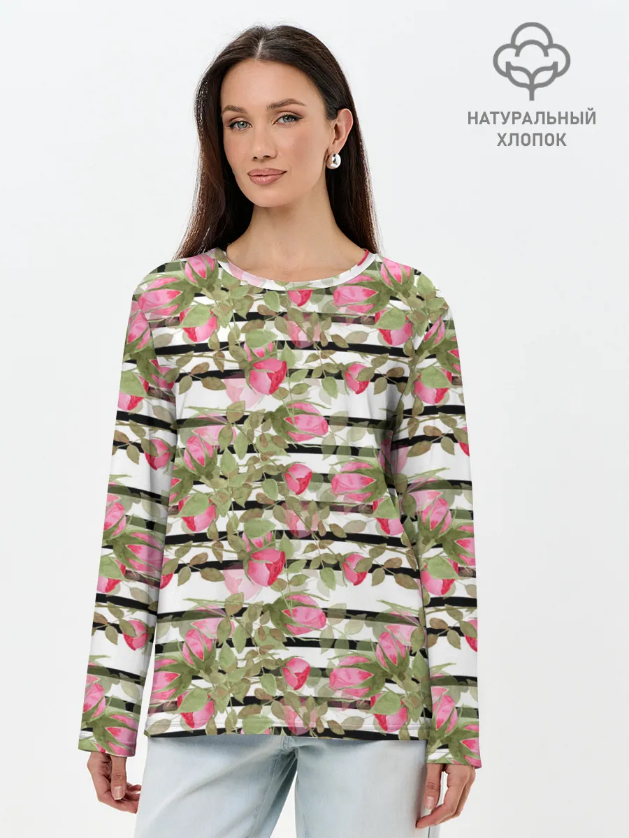Лонгслив женский. Хлопок / Акварельные розы на полосатом