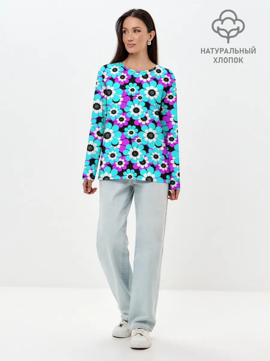 Лонгслив женский. Хлопок / Яркие бирюзовые цветы