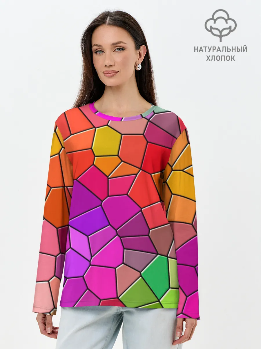 Лонгслив женский. Хлопок / Мозаика цветная