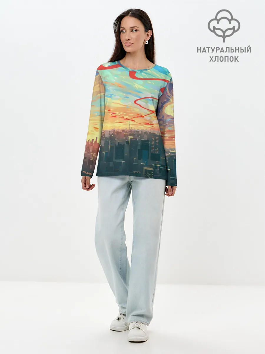 Лонгслив женский. Хлопок / Токио красками