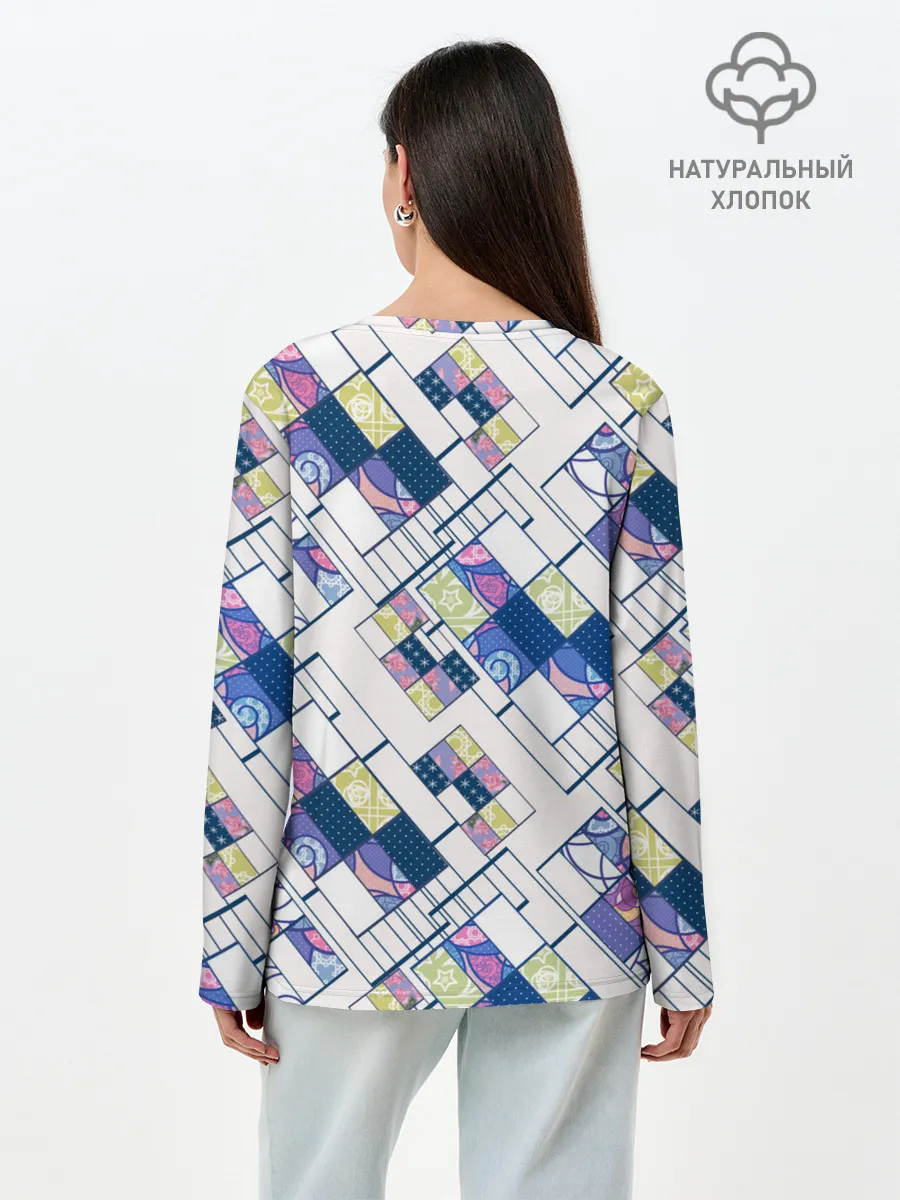 Лонгслив женский. Хлопок / Этнический узор пэчворк