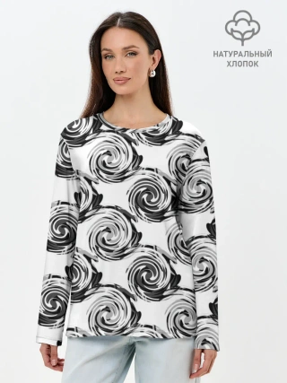 Лонгслив женский. Хлопок / Черно-белый абстрактный узор