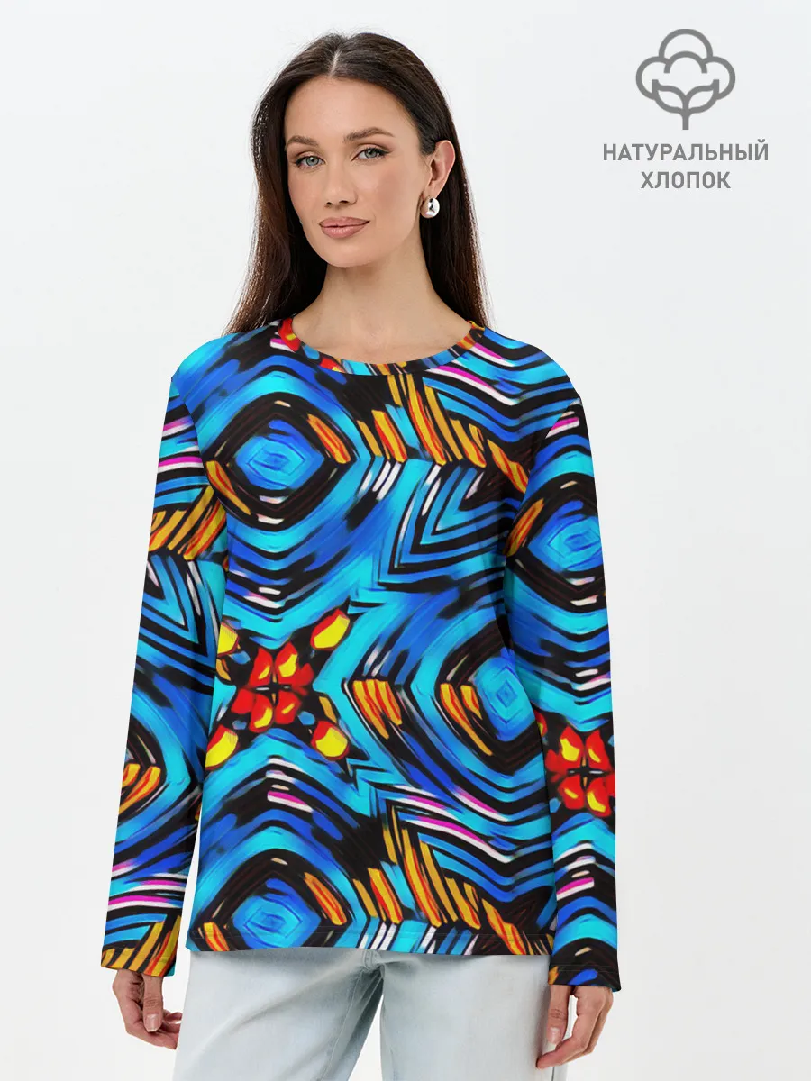 Лонгслив женский. Хлопок / Желто-синий абстрактный узор