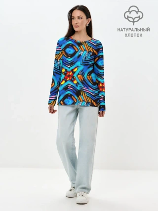 Лонгслив женский. Хлопок / Желто-синий абстрактный узор