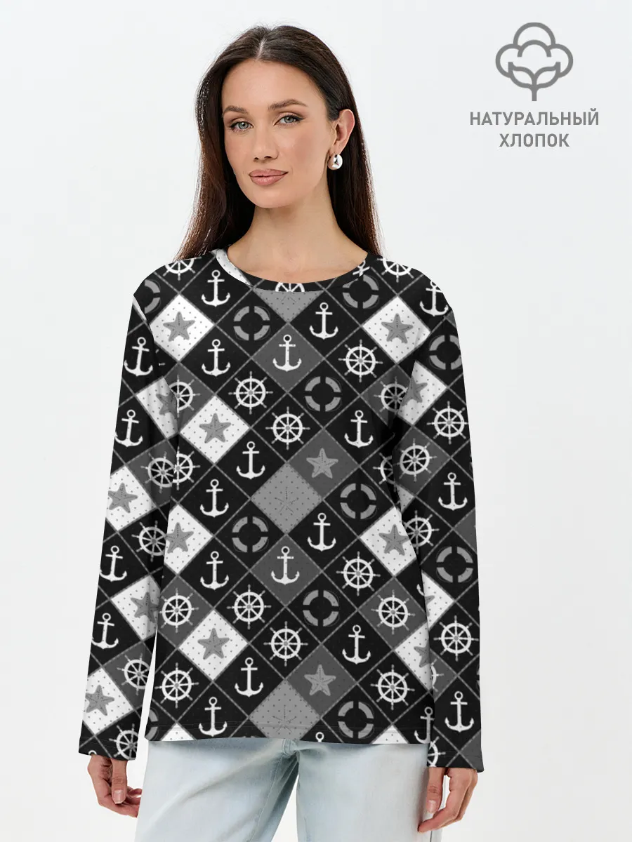 Лонгслив женский. Хлопок / Черно-белый морской плед