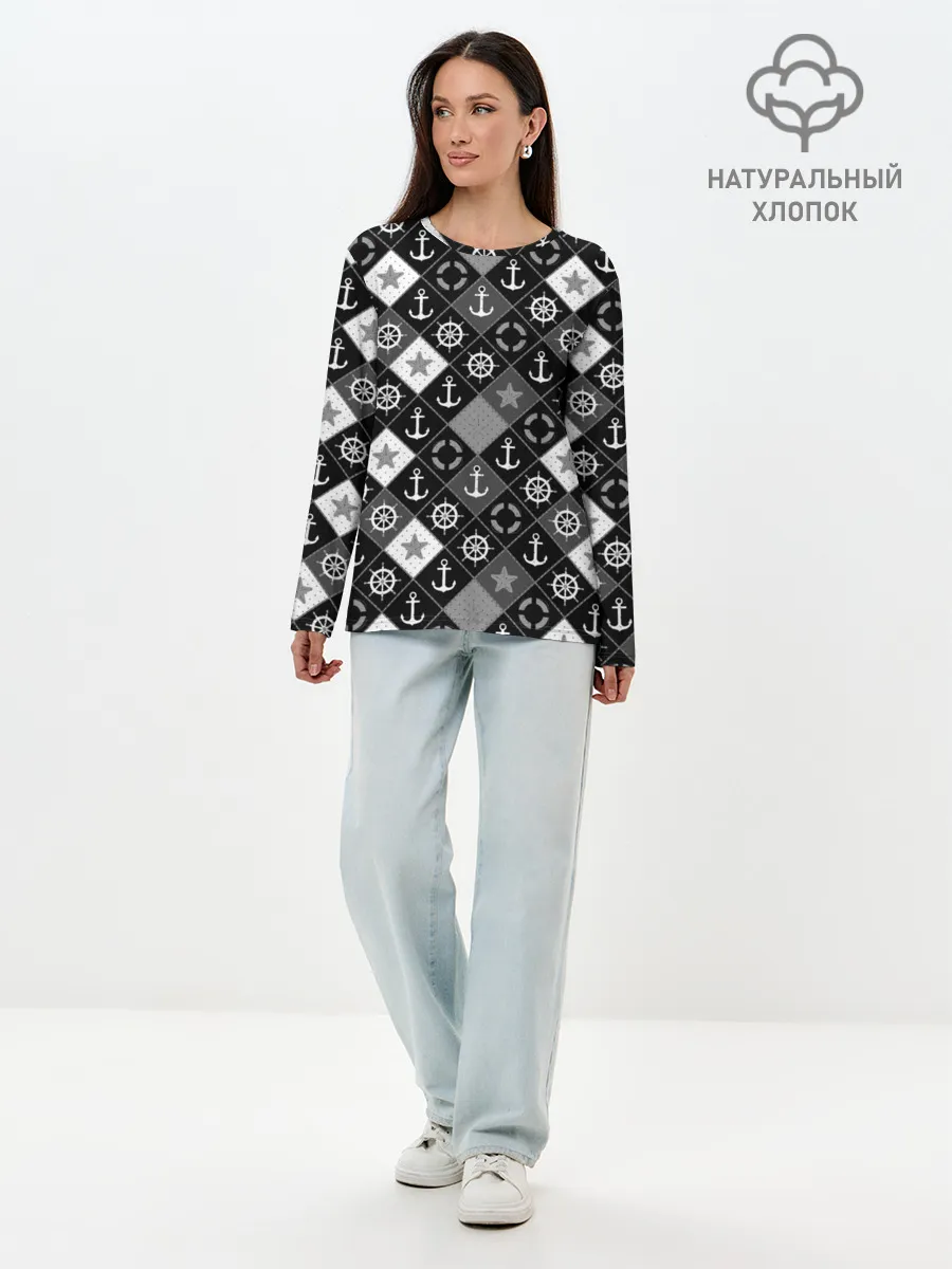 Лонгслив женский. Хлопок / Черно-белый морской плед