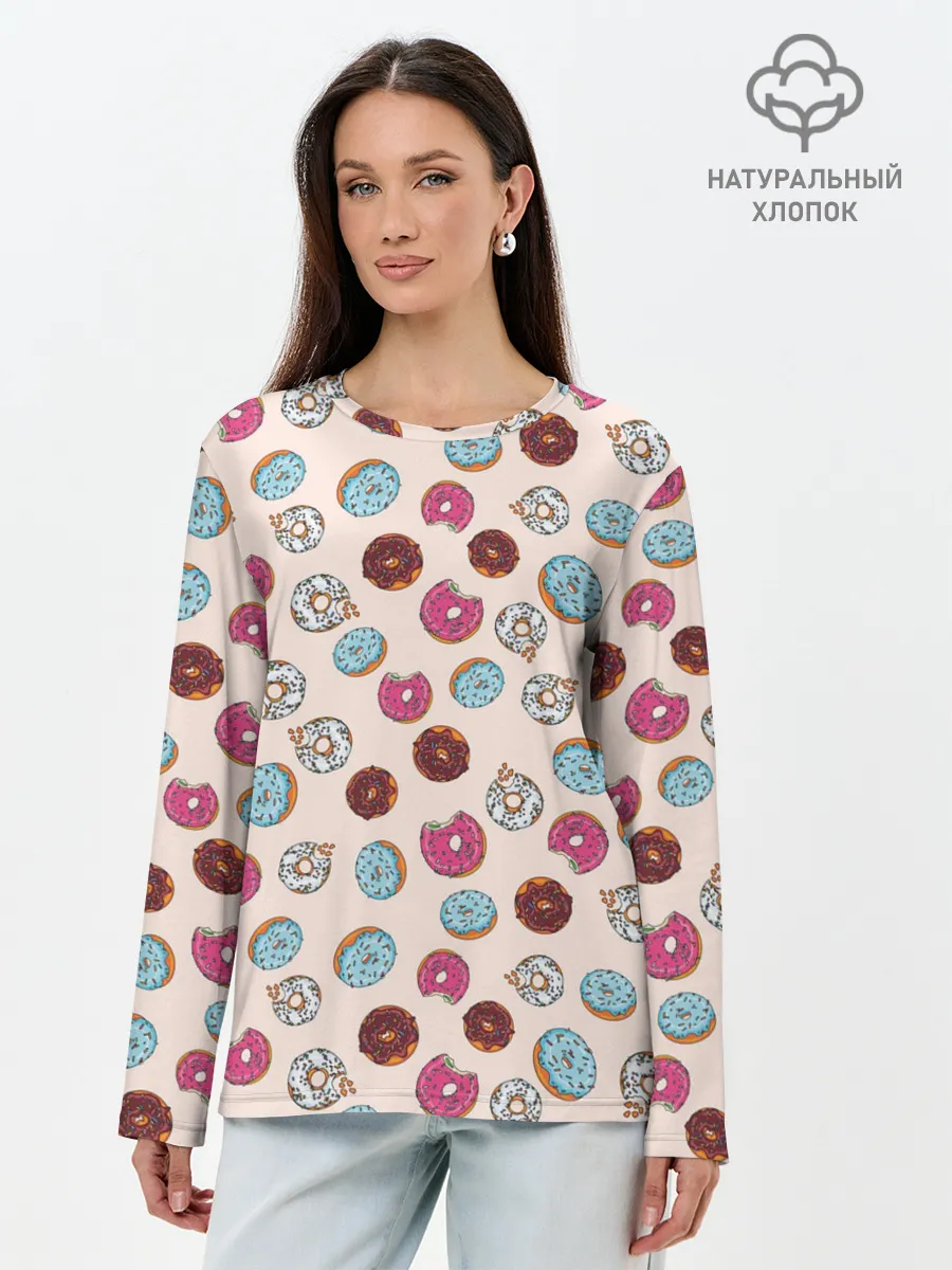 Лонгслив женский. Хлопок / Пончики донаты паттерн