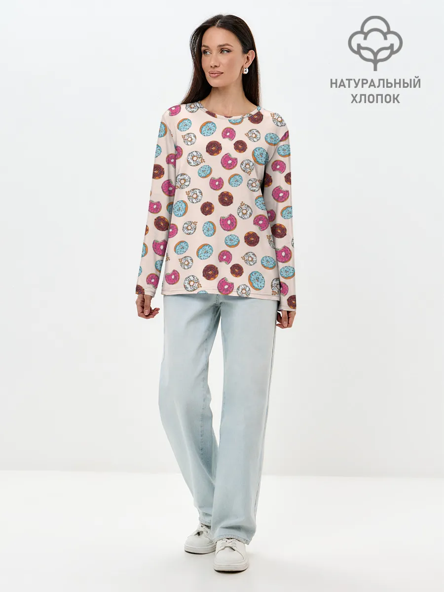 Лонгслив женский. Хлопок / Пончики донаты паттерн
