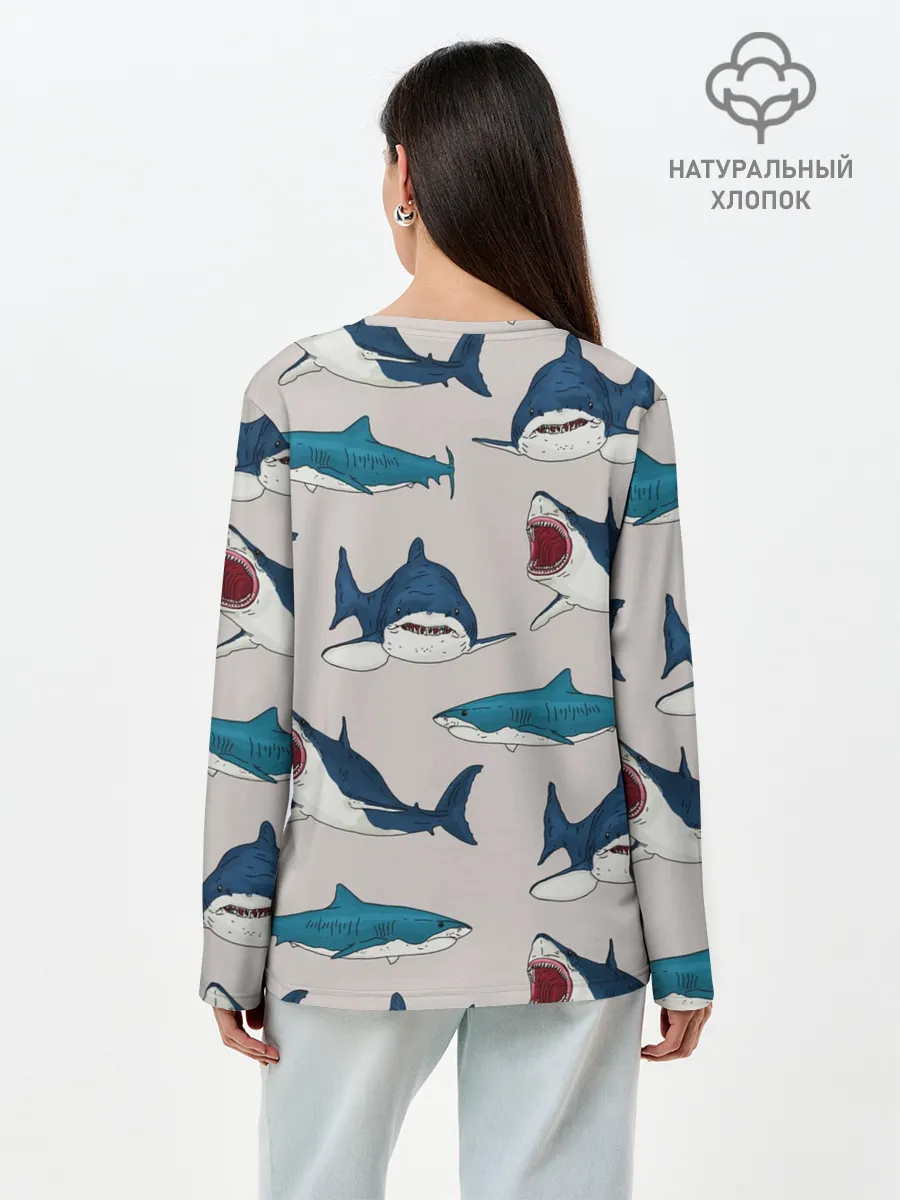 Лонгслив женский. Хлопок / Кровожадные акулы паттерн