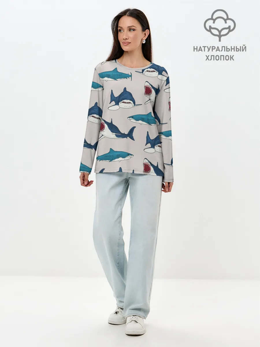 Лонгслив женский. Хлопок / Кровожадные акулы паттерн