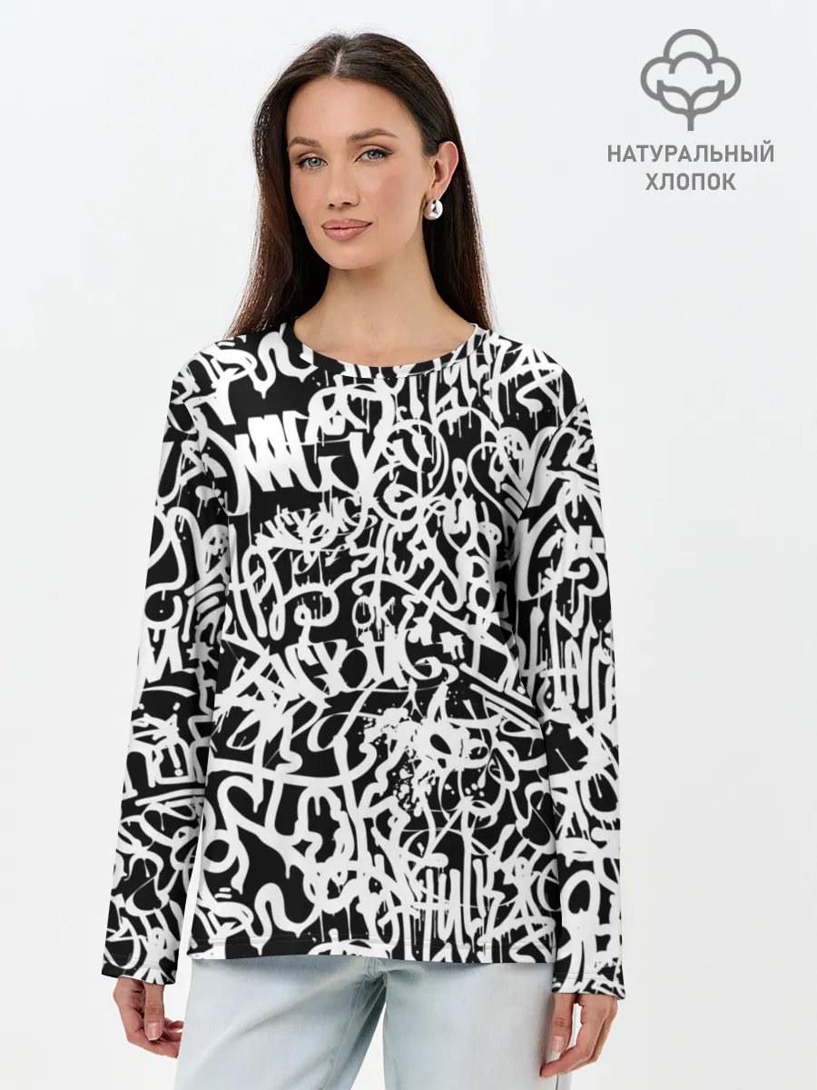 Лонгслив женский. Хлопок / Graffiti white on black